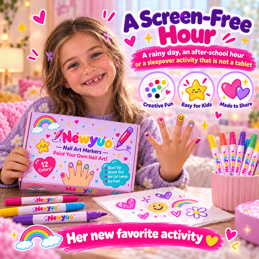 Newyuo Nail Art Markers, 12 Colors Dual-Tip Nail Pens for Kids | Quick-Dry Water-Based, Non-Toxic, No UV Lamp, Mess-Free DIY Nail Art Gift